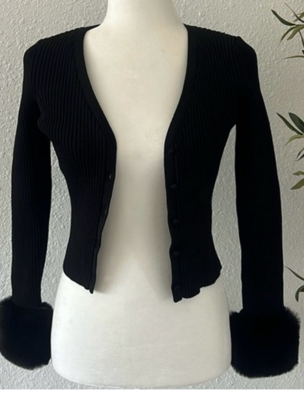 Zara Black Ribbed Button-Front Cardigan with Faux Fur Cuffs